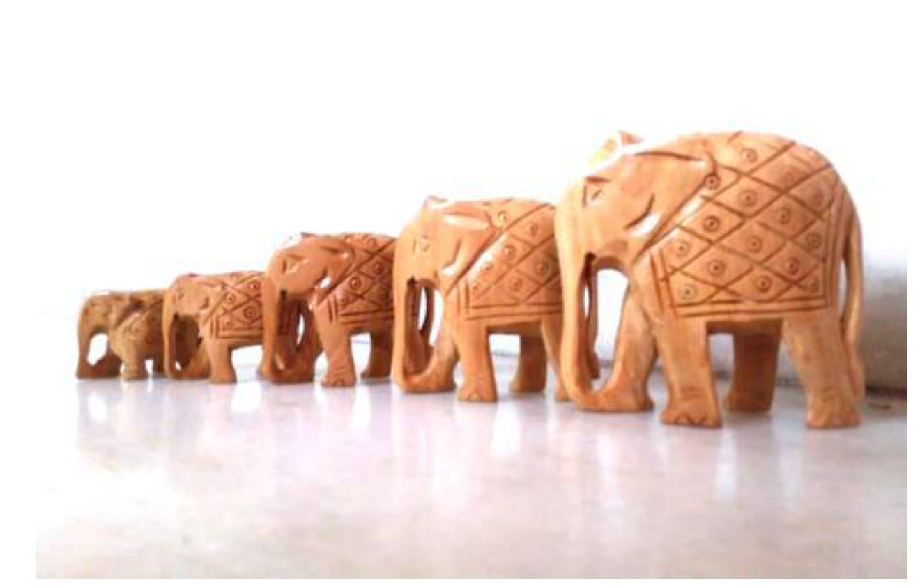 Wooden elephant hand carving set of 5